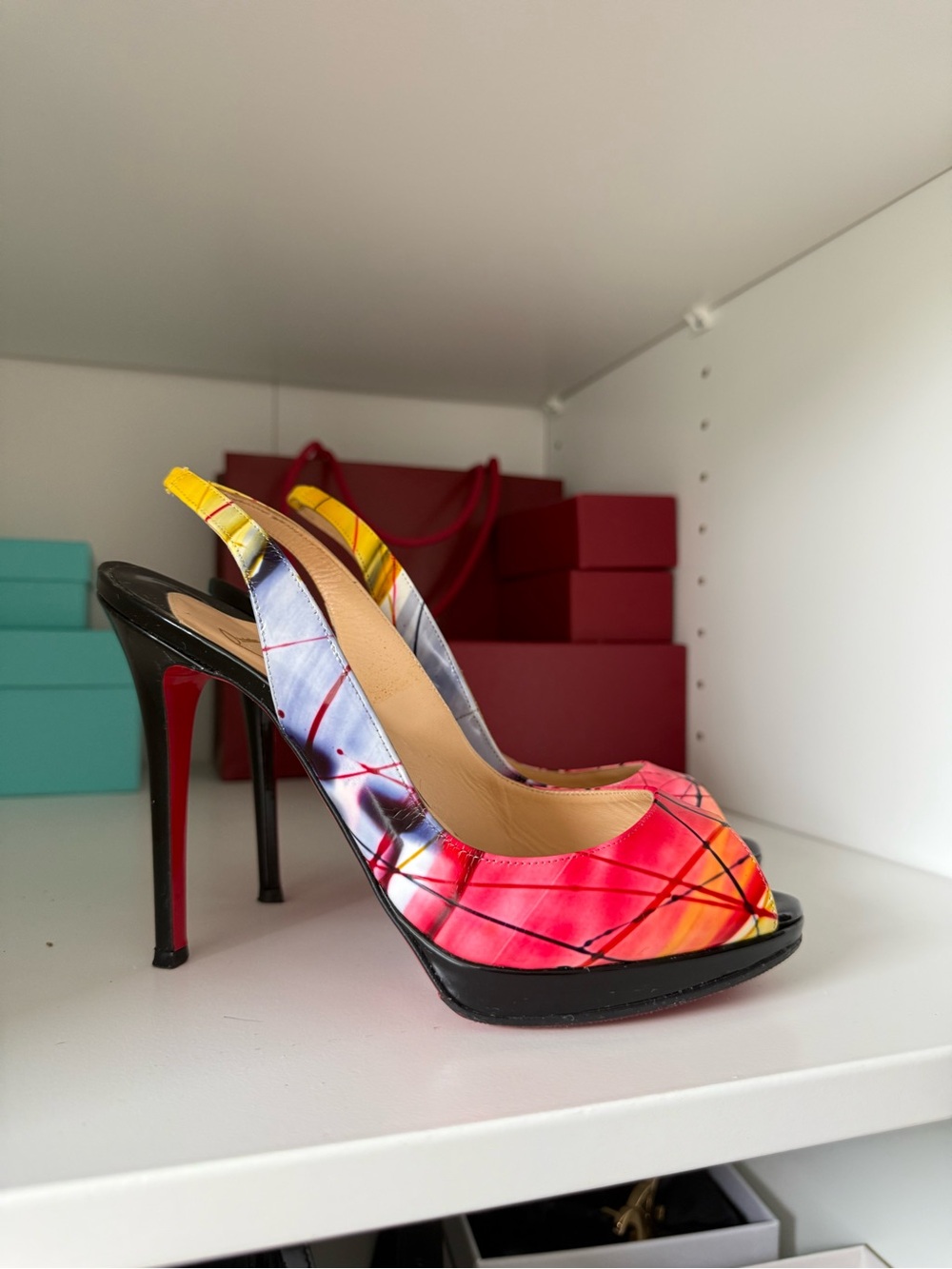 Christian Louboutin Multicolor Abstract Slingback Peep-Toe Heels